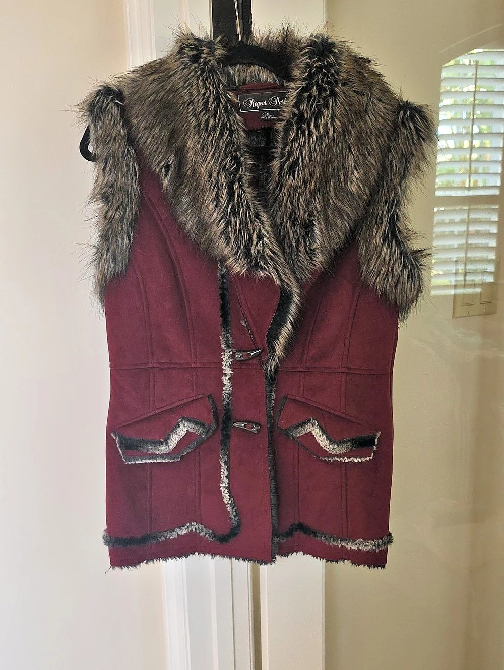 Regent Park Faux Fur Trim Faux Suede Vest in Burgundy Red Size Small